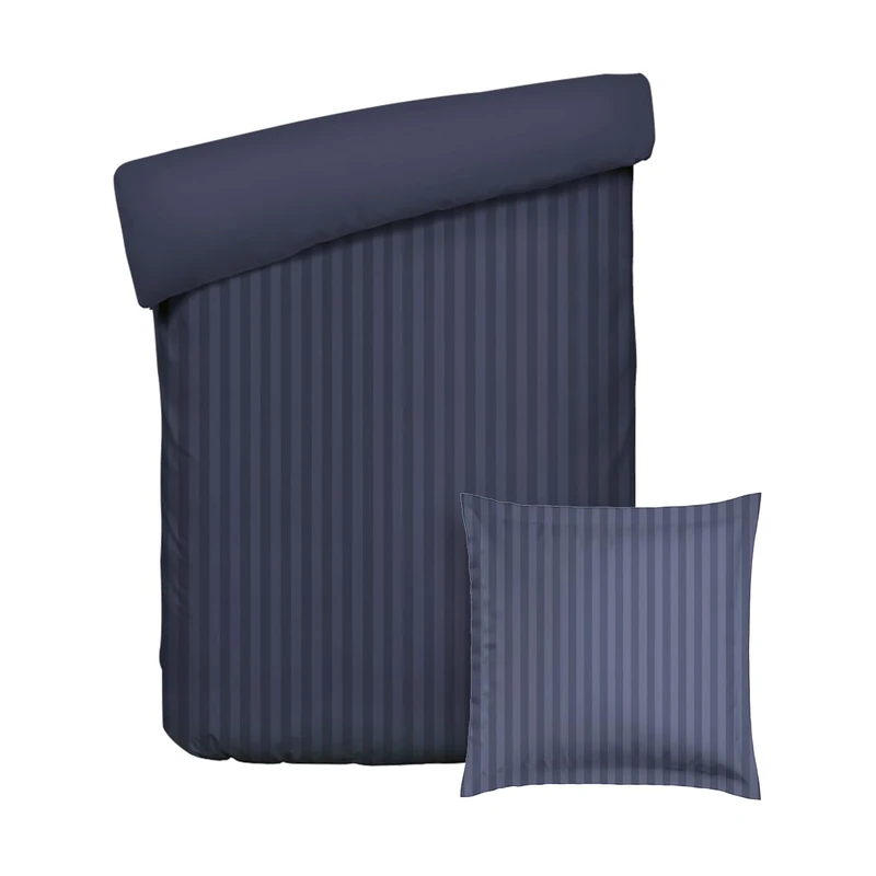 Pure Cotton 2-Piece Single Bed Linen – Duvet Cover 135 x 200 cm and Pillowcase 80 x 80 cm – 100% Cotton Sateen Woven Stripe Dobby, 80 Thread Count, 120 GSM-Oeko-TEX – Dobby – Dark Blue - Image 1
