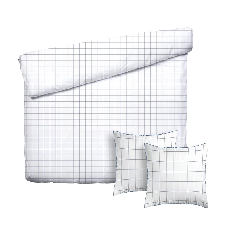 Pure Cotton 3-Piece Double Bed Linen Set - Duvet Cover 200 x 220 cm & 2 Pillowcases 80 x 80 cm - 100% Cotton Satin, 80 Thread Count, 120 GSM - Oeko-TEX Certified - Checked - White/Blue - Image 1