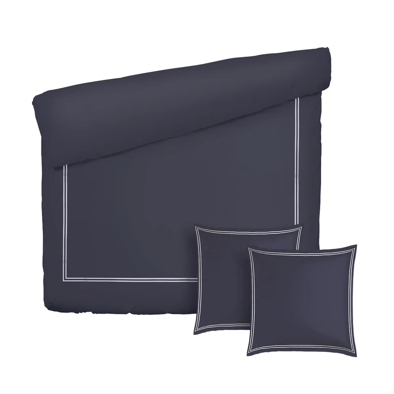 Pure Cotton Oeko-TEX 3-Piece Double Bedding Set - Duvet Cover 260 x 240 cm & 2 Pillowcases 63 x 63 cm - 100% Cotton Satin, 80 Thread Count, 120 GSM - Oeko-TEX Silhouette - White/Dark Blue