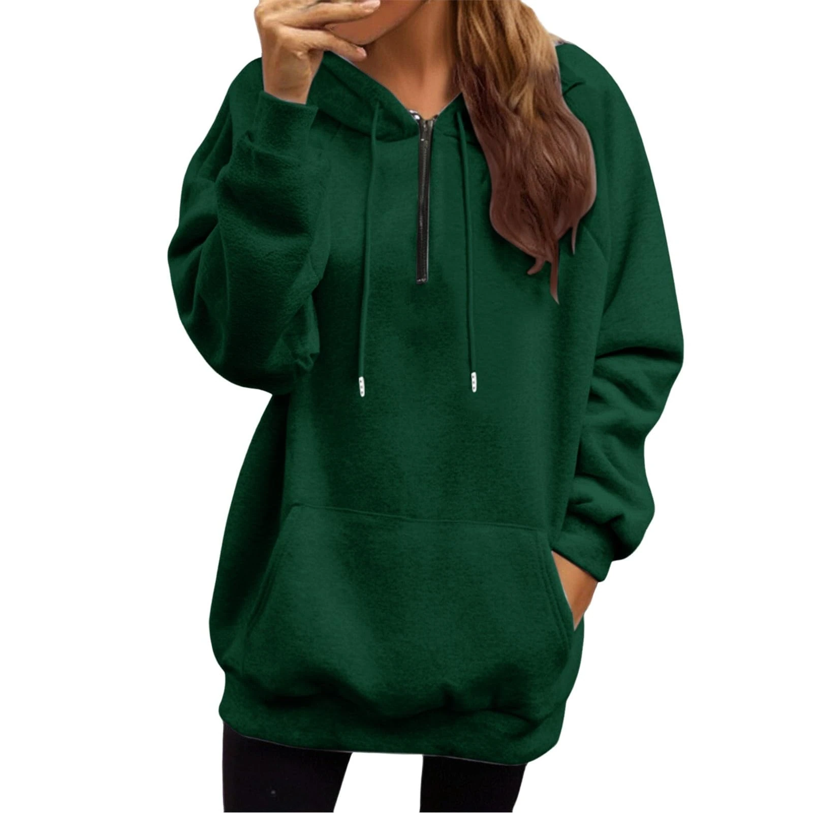 Womens Long Sleeve Hoodie Sweatshirts Drawstring Zipper Hoodies Athletic Travel-Lightweight Pullover Tops Soft Comfort Half Zip Sweatshirt Women Comfy Baggy Crew Clothing Women Long Sleeve Tops Green