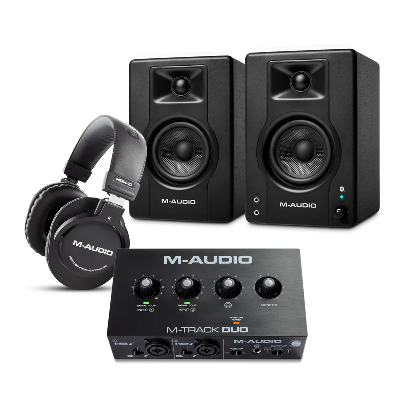 M-AUDIO BX3 Pair Bluetooth Studio Monitors Bundle with Dual XLR Audio Interface and Headphones for Studio Recording, Music Production, Podcasting, Streaming