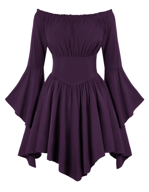 Scarlet Darkness Women Renaissance Costume Dress Off Shoulder Bell Sleeve Handkerchief Dress, Purple, S