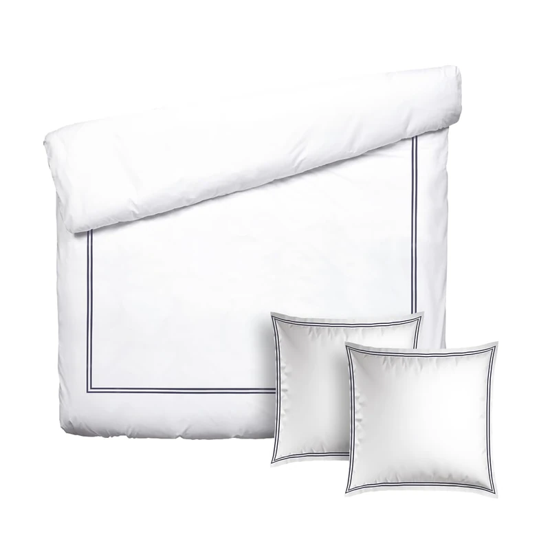 Pure Cotton Oeko-TEX 3-Piece Double Bedding Set - Duvet Cover 260 x 240 cm & 2 Pillowcases 63 x 63 cm - 100% Cotton Satin, 80 Thread Count, 120 GSM - Oeko-TEX Silhouette - Dark Blue/White