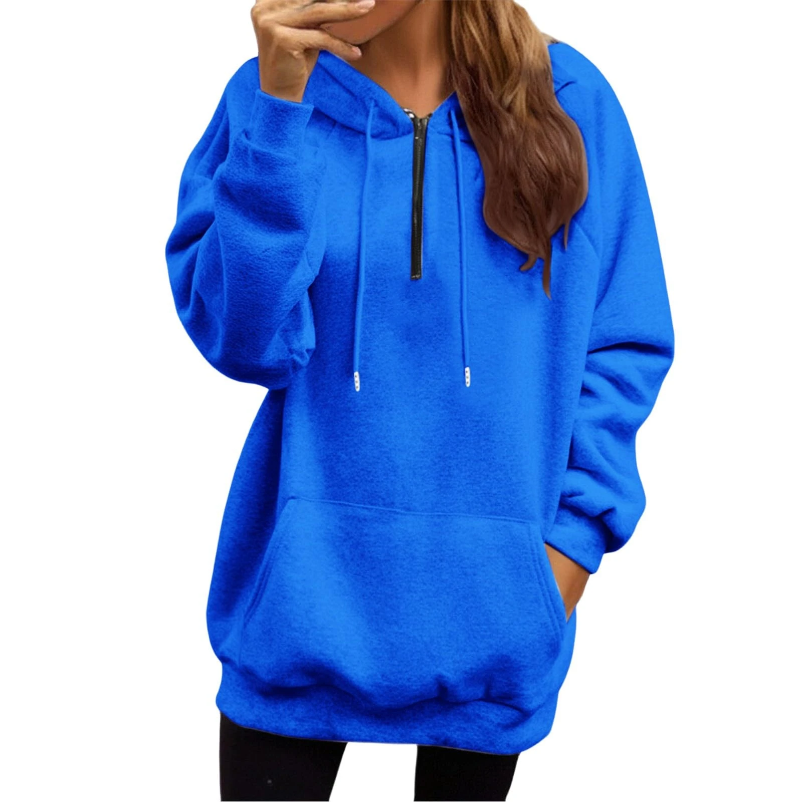Womens Long Sleeve Hoodie Sweatshirts Drawstring Zipper Hoodies Athletic Travel-Lightweight Pullover Tops Soft Comfort Half Zip Sweatshirt Women Comfy Baggy Crew Clothing Women Long Sleeve Tops Blue