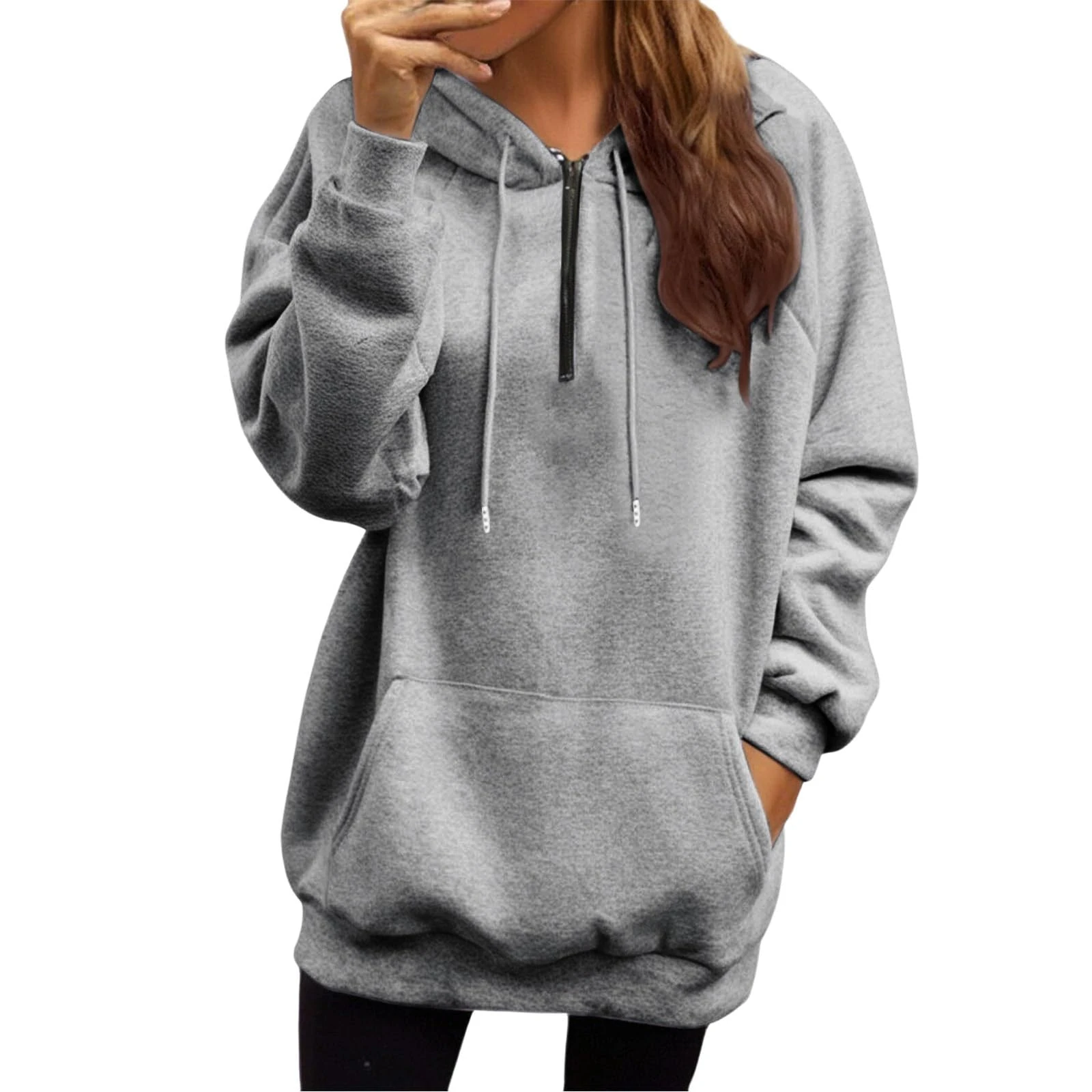 Womens Long Sleeve Hoodie Sweatshirts Drawstring Zipper Hoodies Athletic Travel-Lightweight Pullover Tops Soft Comfort Half Zip Sweatshirt Women Comfy Baggy Crew Clothing Women Long Sleeve Tops Grey