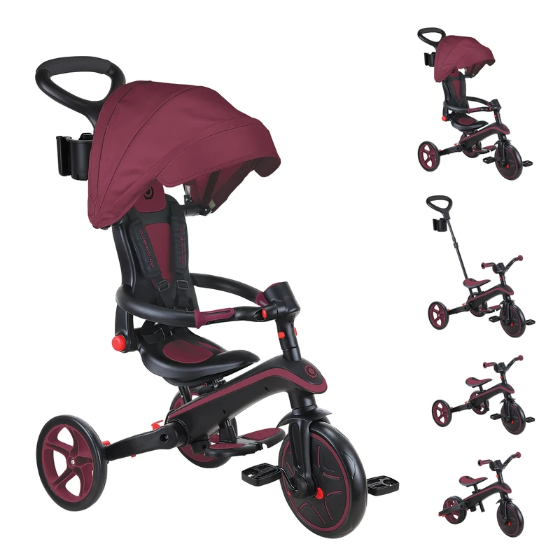 Globber Foldable Explorer Trike and Balance Bike 4 in 1 with Adjustable Canopy - Parental Steering Handle - Cup and Phone Holder - Safety Harness - 10 Months to 5 Years - 2 Year Warranty (Burgundy)