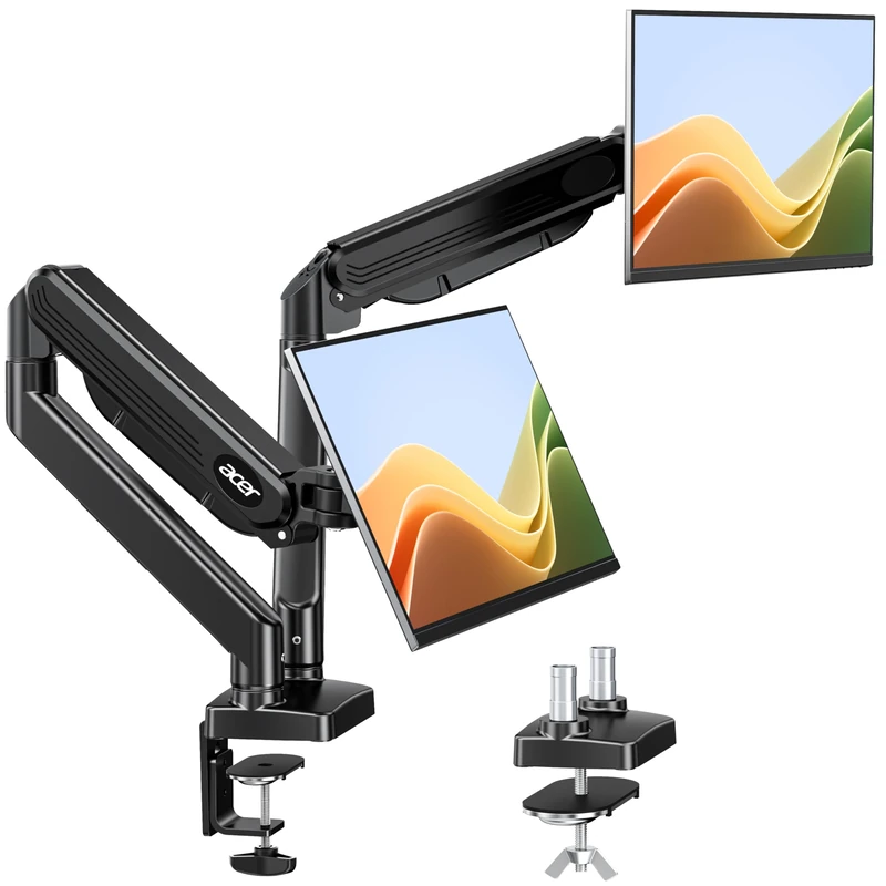 Acer Dual Monitor Arm for 17 to 32 Inch Screens, Double Monitor Stand Adjustable, Gas Spring Desk Mount, VESA 75/100mm for Curved Screen, Tilt Swivel Rotate, C-Clamp/Grommet Base, 19.8 lbs Load