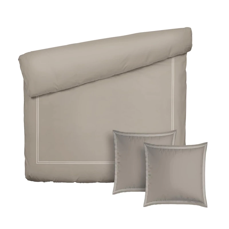 Pure Cotton 3-Piece Double Bed Linen Set - Duvet Cover 200 x 220 cm & 2 Pillowcases 80 x 80 cm - 100% Cotton Satin, 80 Thread Count, 120 GSM - Oeko-TEX Certified - Silhouette - White/Taupe - Image 1