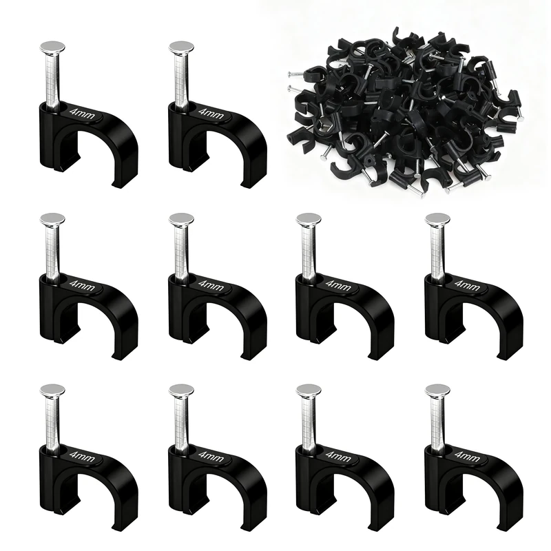 HuaoPOr Cable Clips (200 pcs), 4 mm Cable Nail Clips, Black Round Wire Tidy Clips for Outdoor and Ethernet Cable Holders, Wall Cable