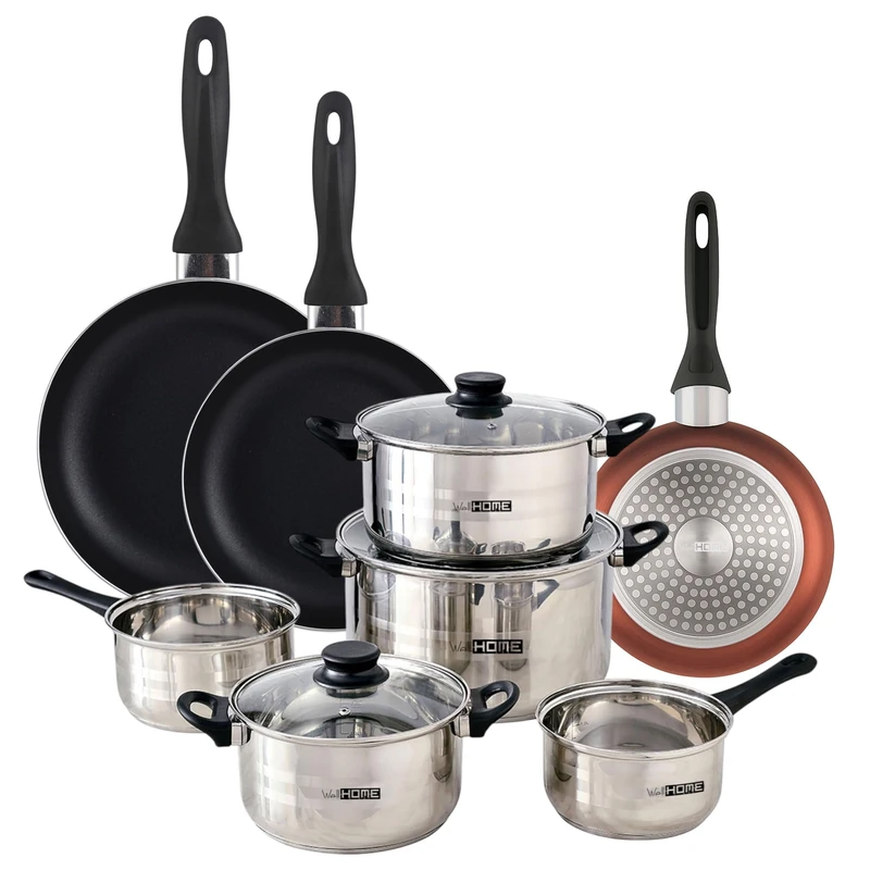 Well Home Set of 8pc Stainless Steel Cookware Set + 3 Frying Pans Ø16Ø20Ø24cm Copper Metallic in Pressed Aluminium