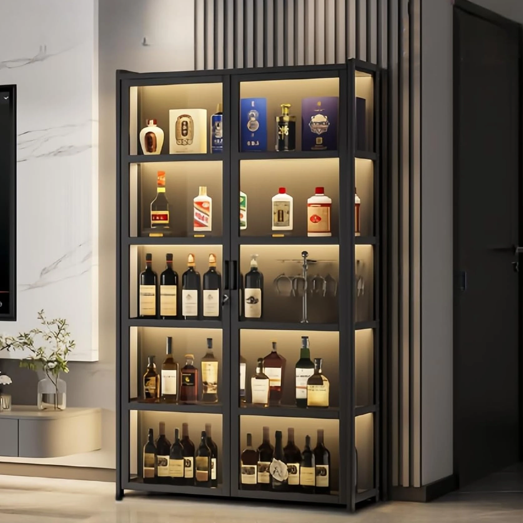 Hynbdes Wine Cabinet with Lock and LED Lights, Large Capacity Multi-layer Storage for Liquor and Wine, Easy to Clean for Home and Commercial Use