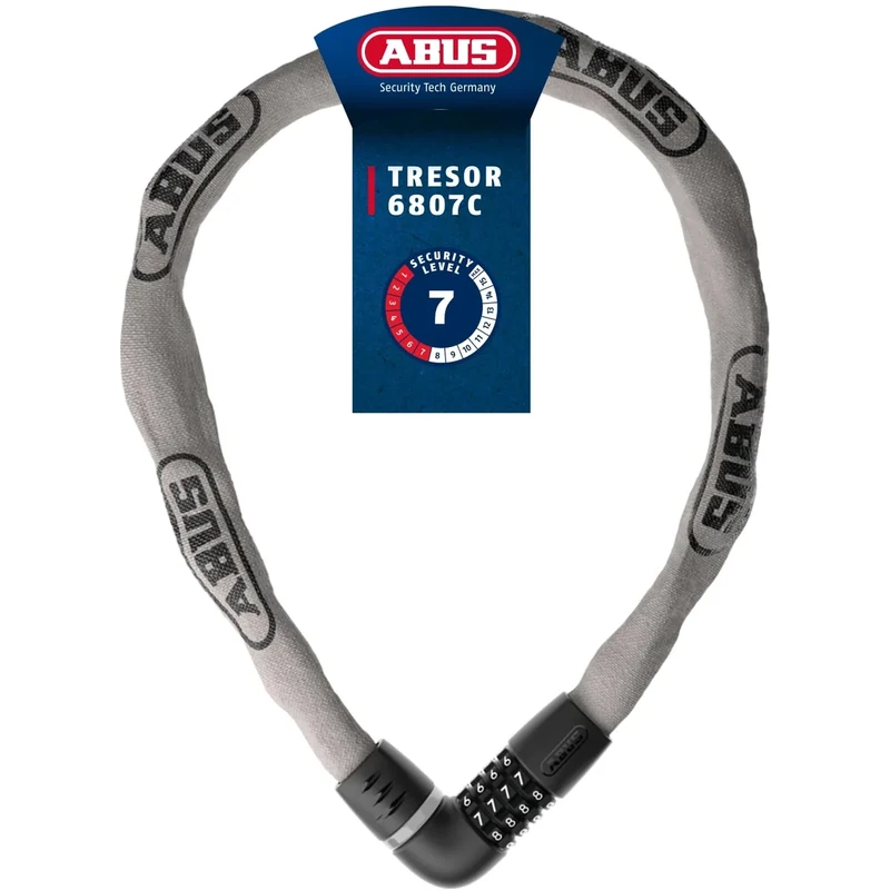 ABUS Chain Lock Safe 6807C - Combination lock with 360° bolt, 7 mm thick steel chain, 4-digit combination code - Bicycle lock with security level 7 - Length 110 cm, grey - Image 1