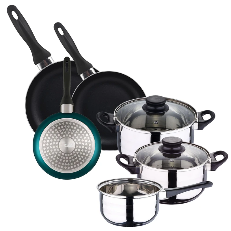 5pc Stainless Steel Cookware Set + Set of 3 Frying Pans Ø16Ø20Ø24 Pressed Aluminium, Metallic Blue
