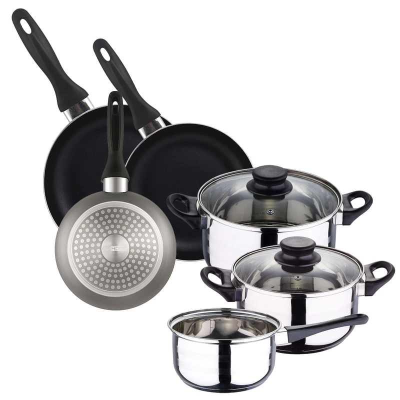5pc Stainless Steel Cookware Set + Set of 3 Frying Pans Ø16Ø20Ø24 Pressed Aluminium, Metallic Grey