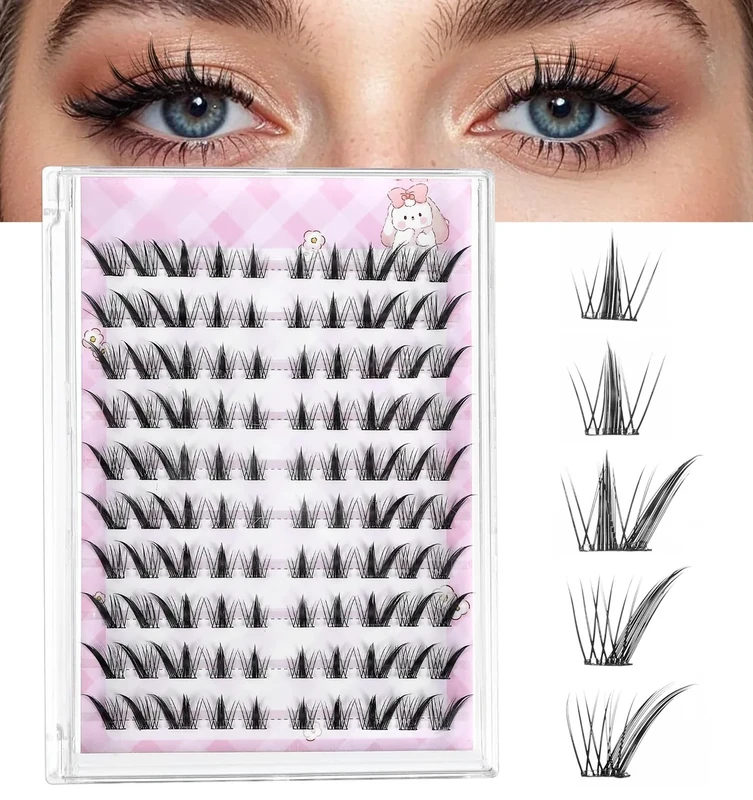 100Pcs Self Adhesive Lashes, Pre Glued Lashes Clusters 7-10MM, Wispy Spiky C-Curl for DIY Anime Eye Makeup (Black)