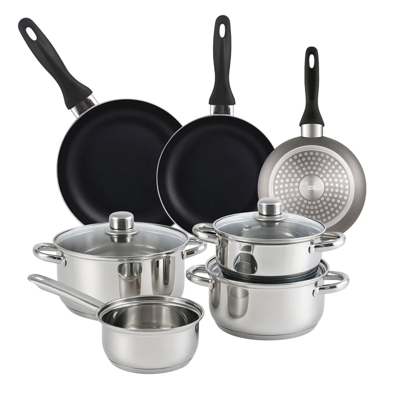 Well Home Set of 7pc Stainless Steel Cookware + 3 Frying Pans Ø16Ø20Ø24cm Grey Metallic in Pressed Aluminium