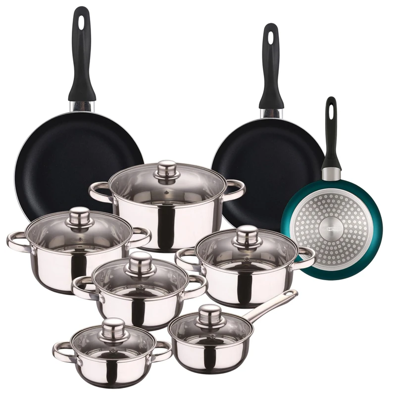 Well Home Set of 12pc Stainless Steel Cookware + 3 Frying Pans Ø16Ø20Ø24cm Blue Metallic in Pressed Aluminium