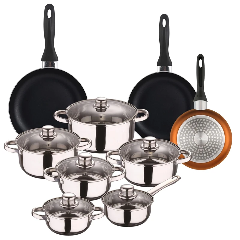 Well Home Set of 12 Stainless Steel Cookware Set + 3 Frying Pans Ø16Ø20Ø24cm Copper Metallic in Pressed Aluminium