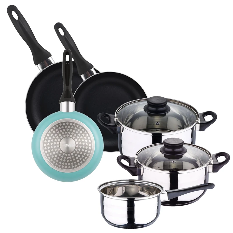 Well Home 5pc Stainless Steel Cookware Set + 3 Frying Pans Ø16Ø20Ø24cm Matte Blue in Pressed Aluminium