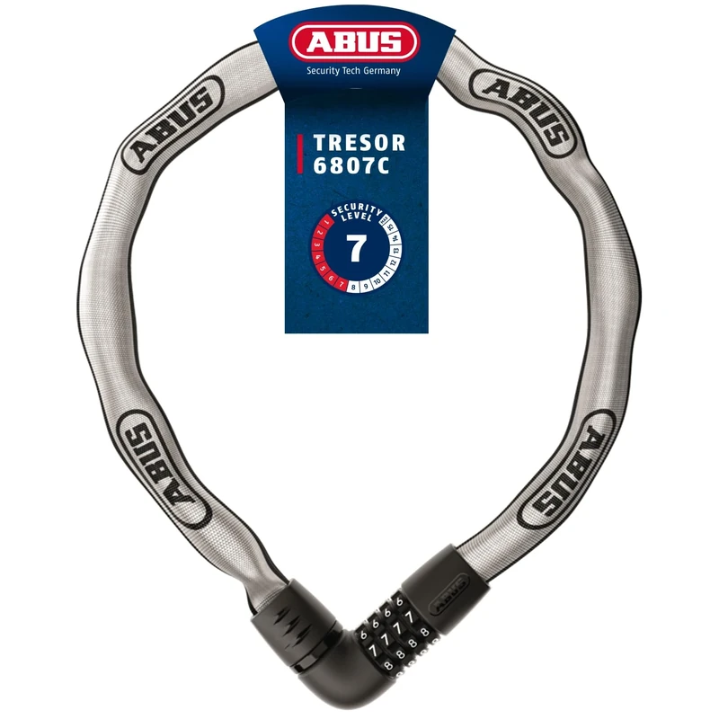 ABUS Chain Lock Safe 6807C - Combination Lock with 360° Bolt, 7 mm Thick Steel Chain, 4-Digit Combination Code - Bicycle Lock with Security Level 7 - Length 110 cm, Reflective