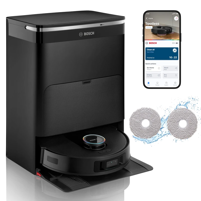 Bosch Spotless Max Cam BCRDW3BX Robot Vacuum Cleaner with Mop Function, Smart Vision Camera & Structured Light, Spinning Mop with Extra Range, 11,000Pa Suction and Dry-Wet Service Station, Black