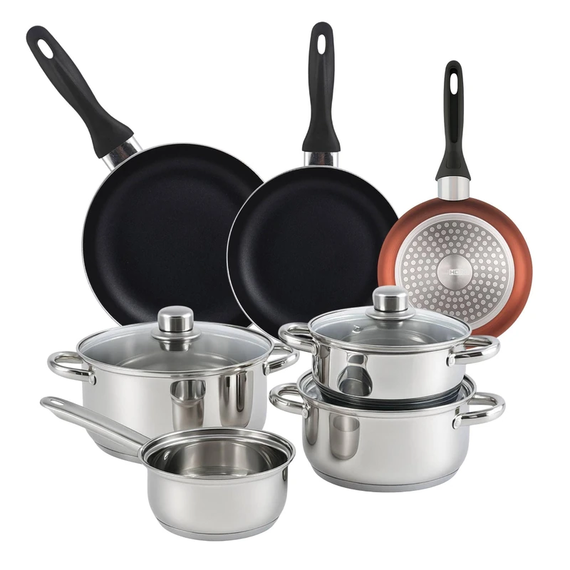 Well Home Set of 7pc Stainless Steel Cookware + 3 Frying Pans Ø16Ø20Ø24cm Copper Metallic in Pressed Aluminium