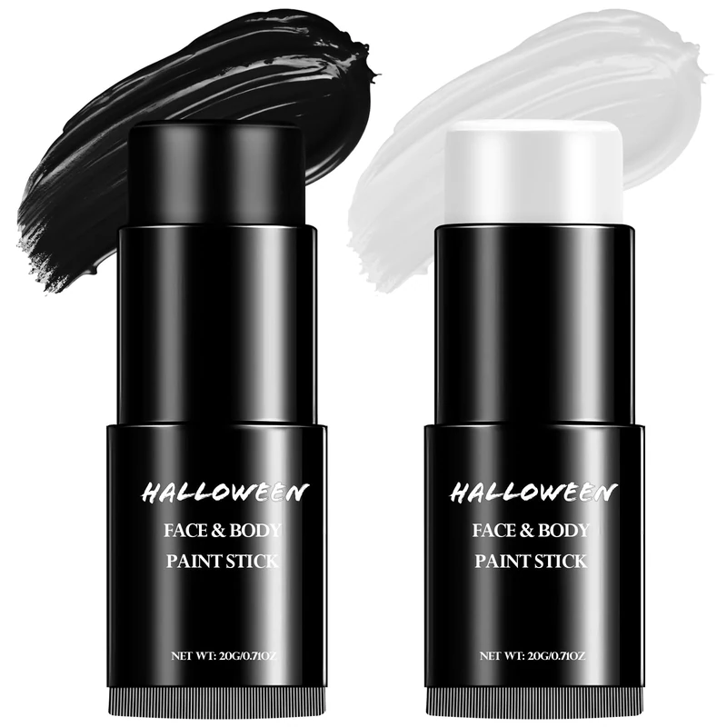 White Black Face Paint Pens - Halloween Makeup Stick Professional Kit Kids Adults, Face Paints Set for Zombie Skeleton Joker Clown, Body Painting Make up for Fancy Dress Festivals Waterproof 40g