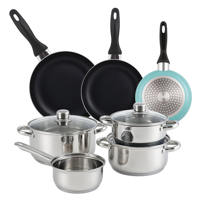 Well Home Set of 7pc Stainless Steel Cookware + 3 Frying Pans Ø16Ø20Ø24cm Matte Blue in Pressed Aluminium