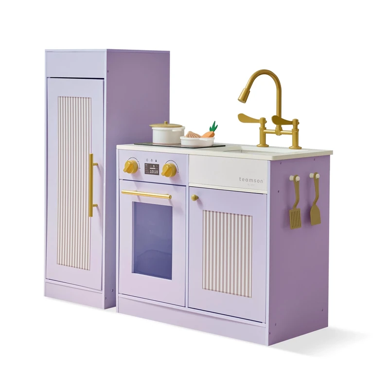 Teamson Kids Little Chef Chester Play Kitchen in Purple with Fridge, Stove, 12 Accessories, Shelves & Hooks, Inspires Creative & Social Play Skills