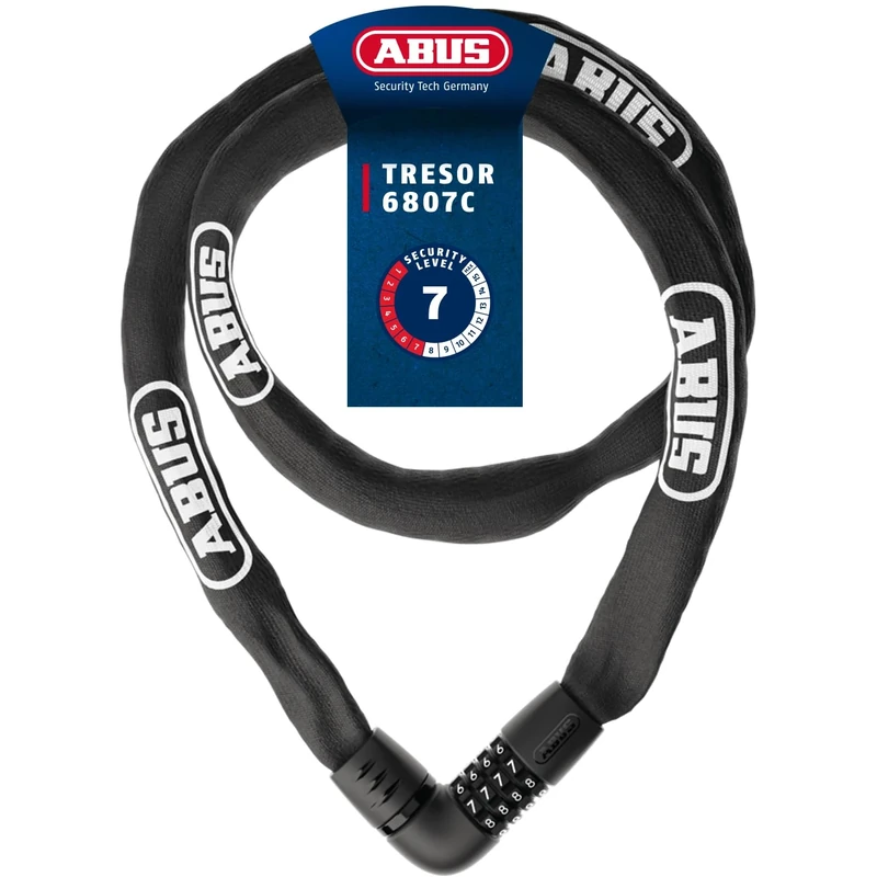 ABUS Chain Lock Safe 6807C - Combination Lock with 360° Bolt, 7 mm Thick Steel Chain, 4-Digit Combination Code - Bicycle Lock with Security Level 7 - Length 140 cm, Black