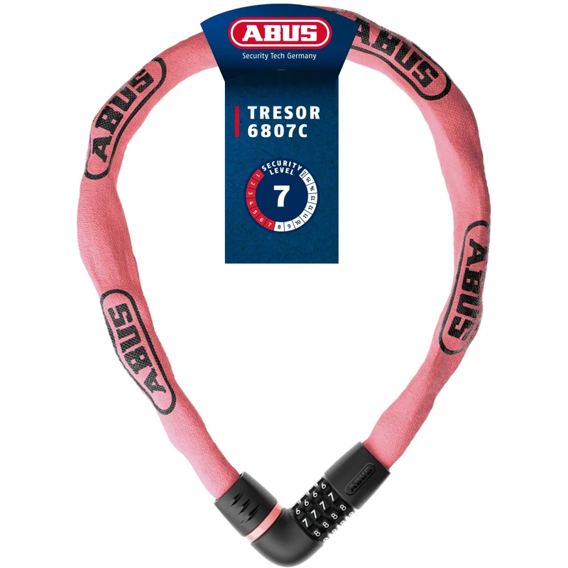 ABUS Chain Lock Safe 6807C - Combination lock with 360° bolt, 7 mm thick steel chain, 4-digit combination code - Bicycle lock with security level 7 - Length 110 cm, rose