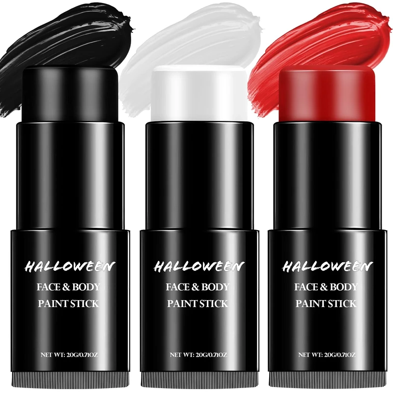 White Black Red Face Paint Pens - Halloween Makeup Stick Professional Kit Kids Adults, Face Paints Set for Zombie Skeleton Joker Clown, Body Painting Make up for Fancy Dress Festivals Waterproof 60g