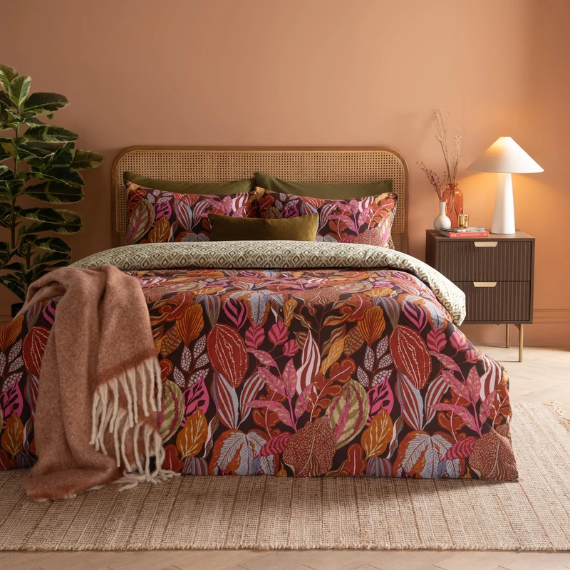 furn. Utopia Duvet Cover Set – Reversible Geometric Tropical Leaf Cotton Blend Bedding Set (Copper Glow - Super King)