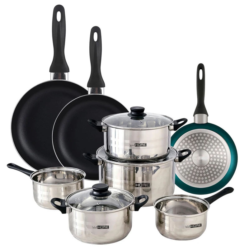 Well Home Set of 8pc Stainless Steel Cookware + 3 Frying Pans Ø16Ø20Ø24cm Blue Metallic in Pressed Aluminium