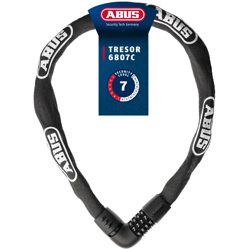 ABUS Chain Lock Safe 6807C - Combination Lock with 360° Bolt, 7 mm Thick Steel Chain, 4-Digit Combination Code - Bicycle Lock with Security Level 7 - Length 85 cm, Black