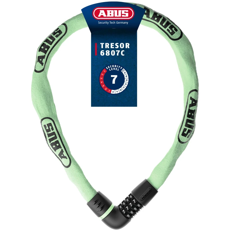 ABUS Chain Lock Safe 6807C - Combination Lock with 360° Bolt, 7 mm Thick Steel Chain, 4-Digit Combination Code - Bicycle Lock with Security Level 7 - Length 110 cm, Green