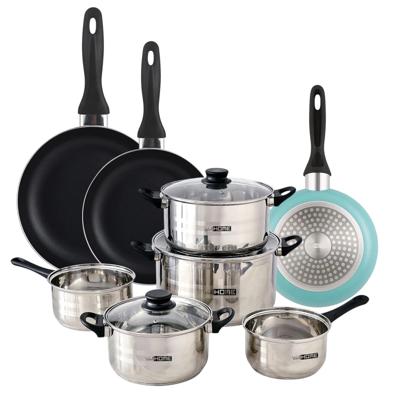Well Home Set of 8pc Stainless Steel Cookware + 3 Frying Pans Ø16Ø20Ø24cm Matte Blue in Pressed Aluminium