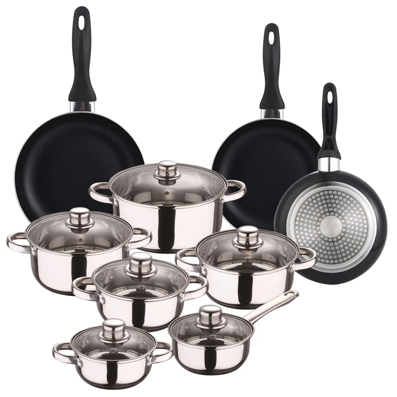 Well Home Set of 12pc Stainless Steel Cookware + 3 Frying Pans Ø16Ø20Ø24cm Black in Pressed Aluminium