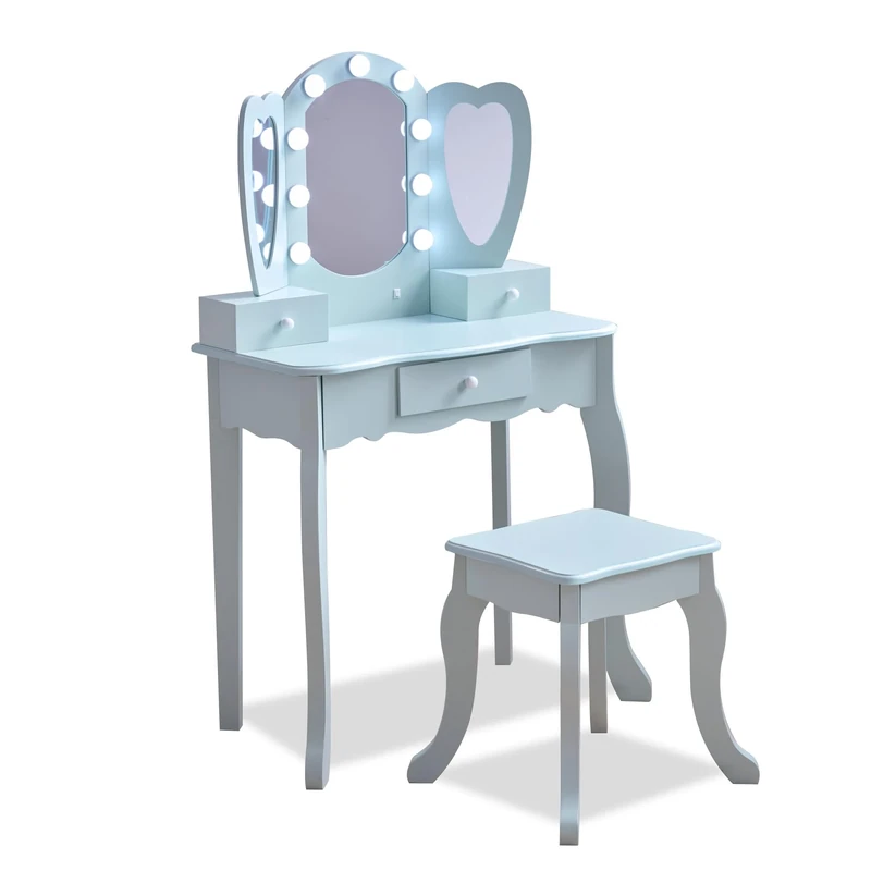 Teamson Kids Heart-Shaped Vanity in Light Blue with LED Lights, Triple Mirror, Stool & Storage Drawers, Boosts Imagination, Confidence & Organization