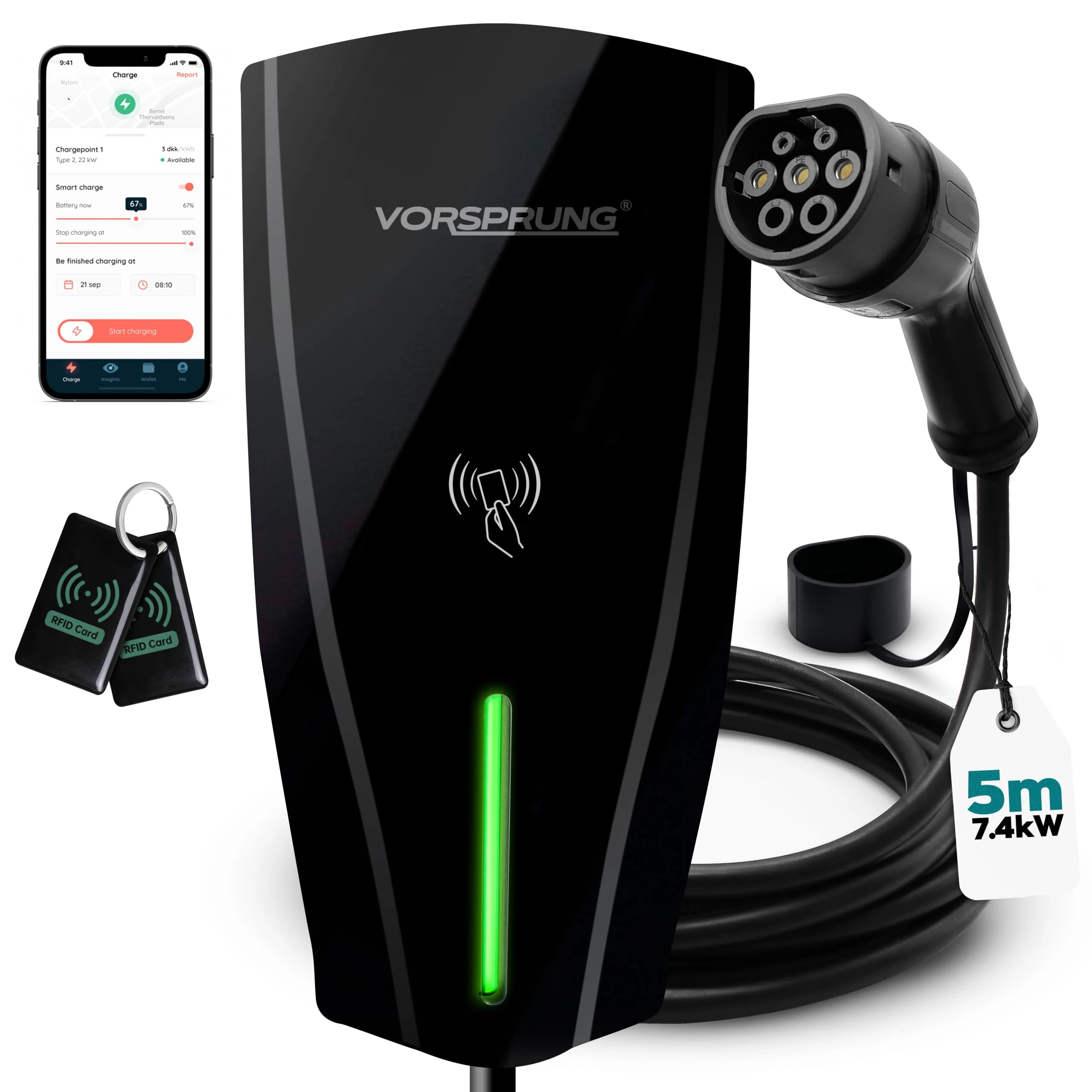 VORSPRUNG® Alpha Max 7.4kW EV Charger | WiFi, Ethernet & RFID | Type 2 | Tethered | Single Phase | Solar Charging | Home EV Charger | IP65, 5m Cable, Variable Power, PEN Protection | 3 Year Warranty