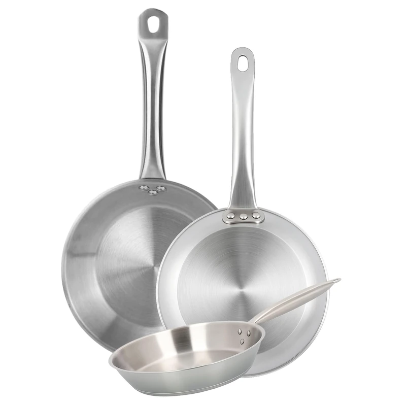 Well Home Set of 3 Frying Pans Ø20Ø24Ø28cm in Stainless Steel, Suitable for Induction and NO Non-Stick