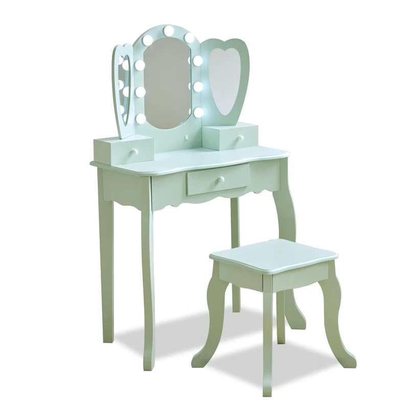 Teamson Kids Heart-Shaped Vanity in Sage Green with LED Lights, Triple Mirror, Stool & Storage Drawers, Boosts Creativity, Confidence & Imagination