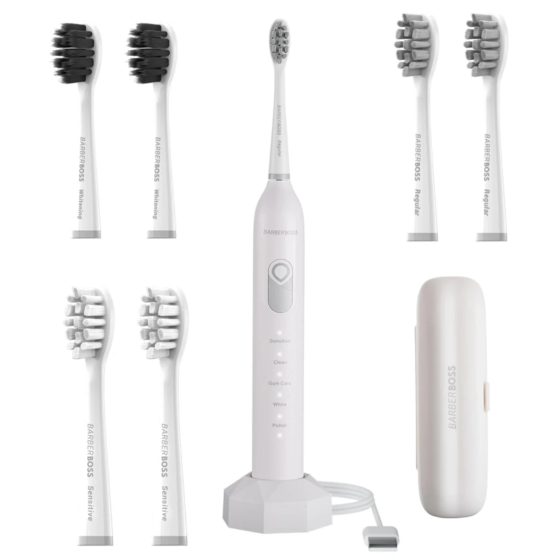 BarberBoss Smart Electric Toothbrush for Adults, 6 Replacement Heads, 5 Cleaning Modes, Pressure Sensor, Quad Interval Timer & USB Charging, Sonic Toothbrush