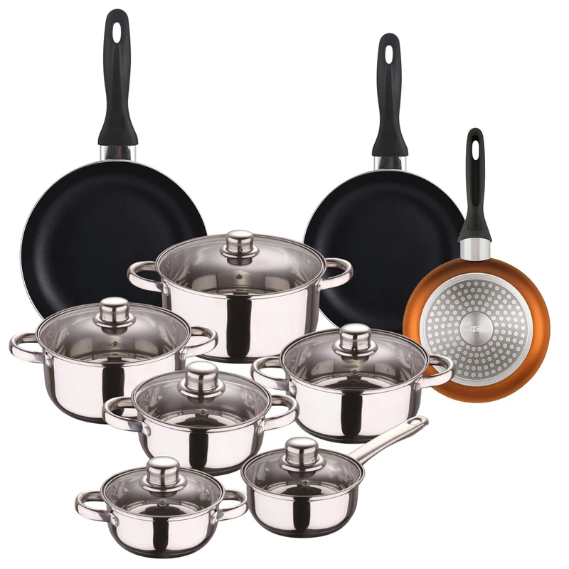 Well Home Set of 12pc Stainless Steel Cookware + 3 Frying Pans Ø16Ø20Ø24cm Bronze Metallic Pressed Aluminium