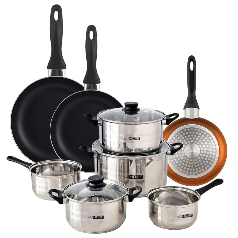 Well Home Set of 8pc Stainless Steel Cookware + 3 Frying Pans Ø16Ø20Ø24cm Bronze Metallic Pressed Aluminium