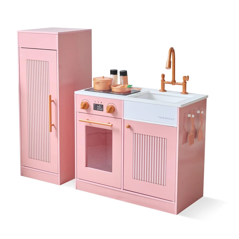 Teamson Kids Little Chef Chester Play Kitchen in Peach with Fridge, Stove, 12 Accessories, Shelves & Hooks, Develops Creativity & Organization Skills