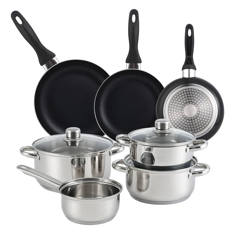 Well Home Set of 7pc Stainless Steel Cookware + 3 Frying Pans Ø16Ø20Ø24cm Black in Pressed Aluminium