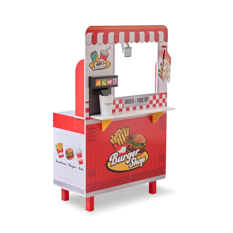 Teamson Kids Flip & Fry Burger Shop Wooden Playset in Red with Grill, Fryer, Drinks Station & 29 Accessories, Encourages Social Skills & Creativity