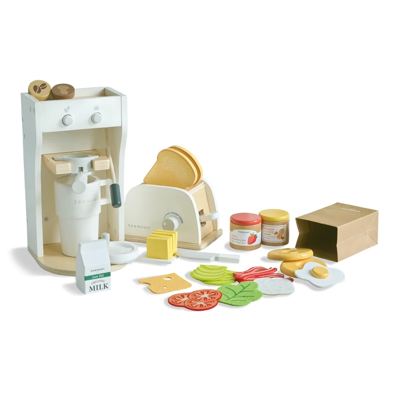 Teamson Kids Little Chef Healthy Breakfast to Go Play Set in White with Toaster, Coffee Maker, Tray & 27 Accessories, Develops Skills & Imagination