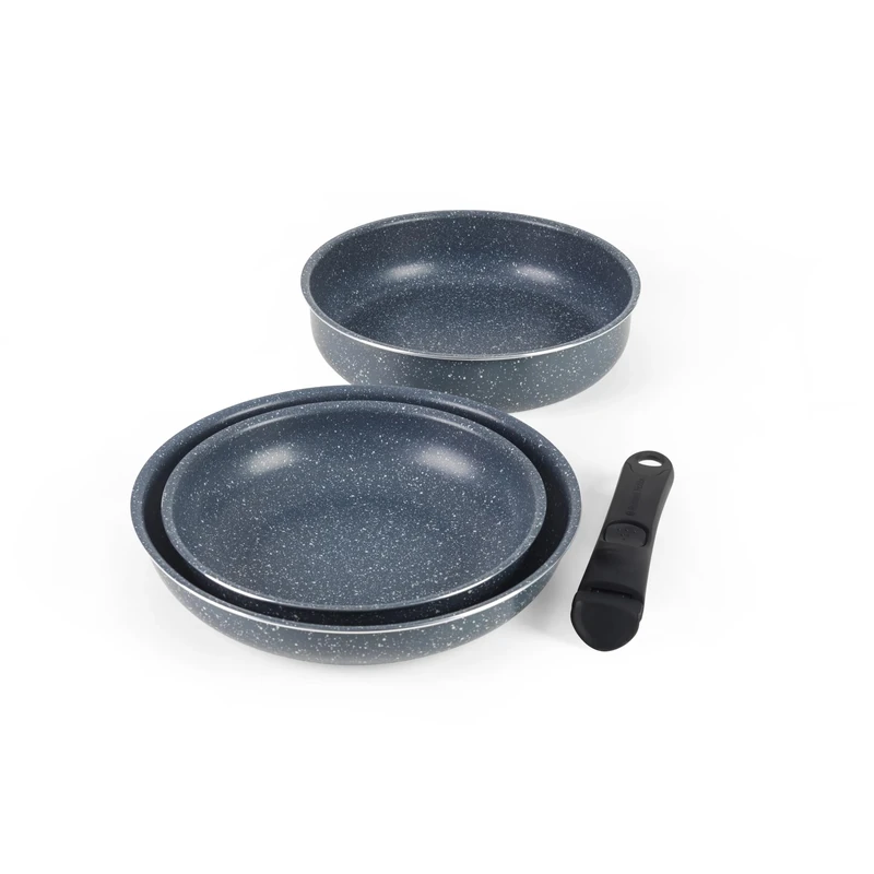 Russell Hobbs Nightfall Stone 3-Piece Pan Set – 24 cm Sauté, 22 & 26 cm Non-Stick Frying Pans, Smart Clip Stay-Cool Detachable Handle, Pressed Aluminium Stackable Cookware, Induction Suitable